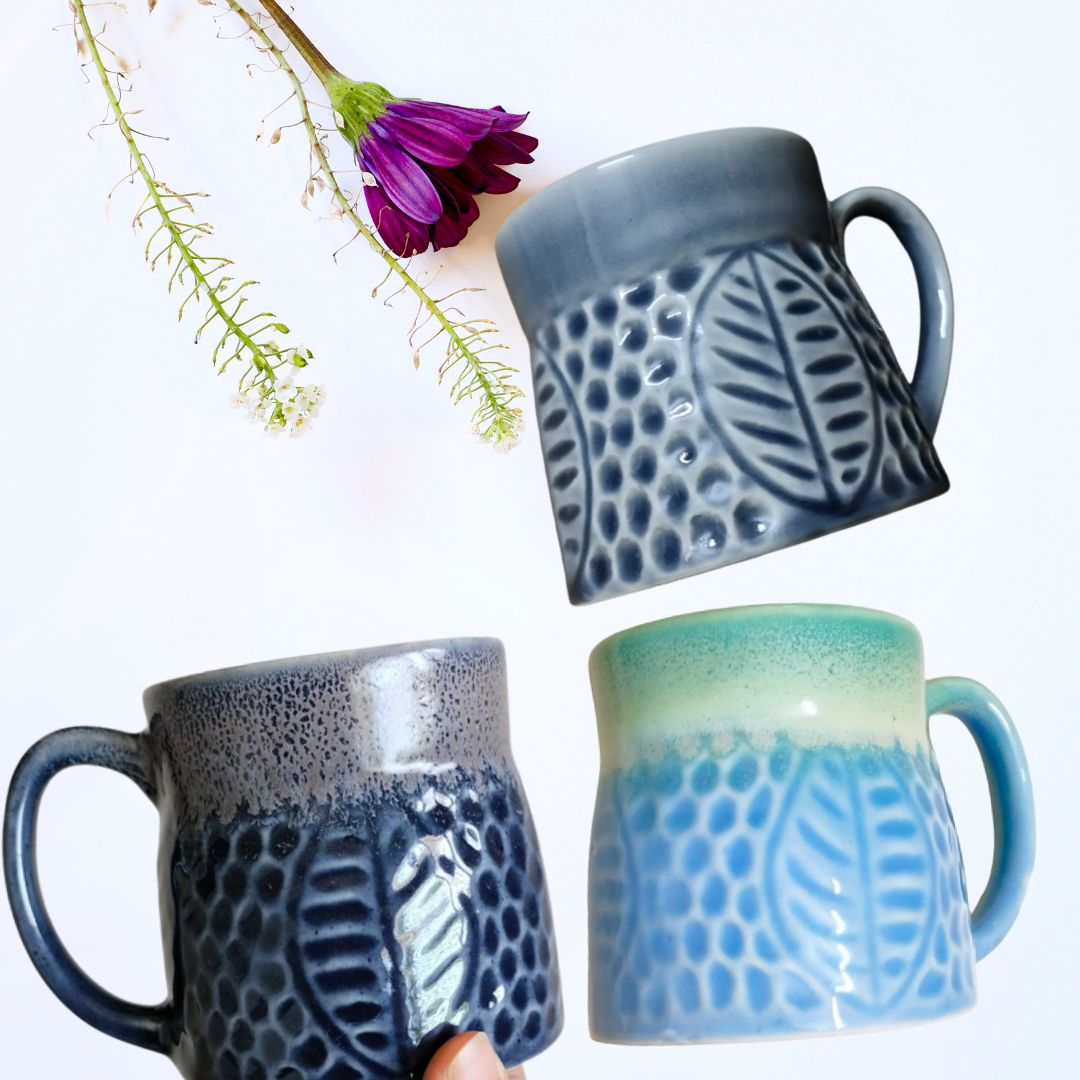 Combo of Pastel Blue, Grey & Deep Blue Leafy Handcrafted Mug | Set of 3 Mugs