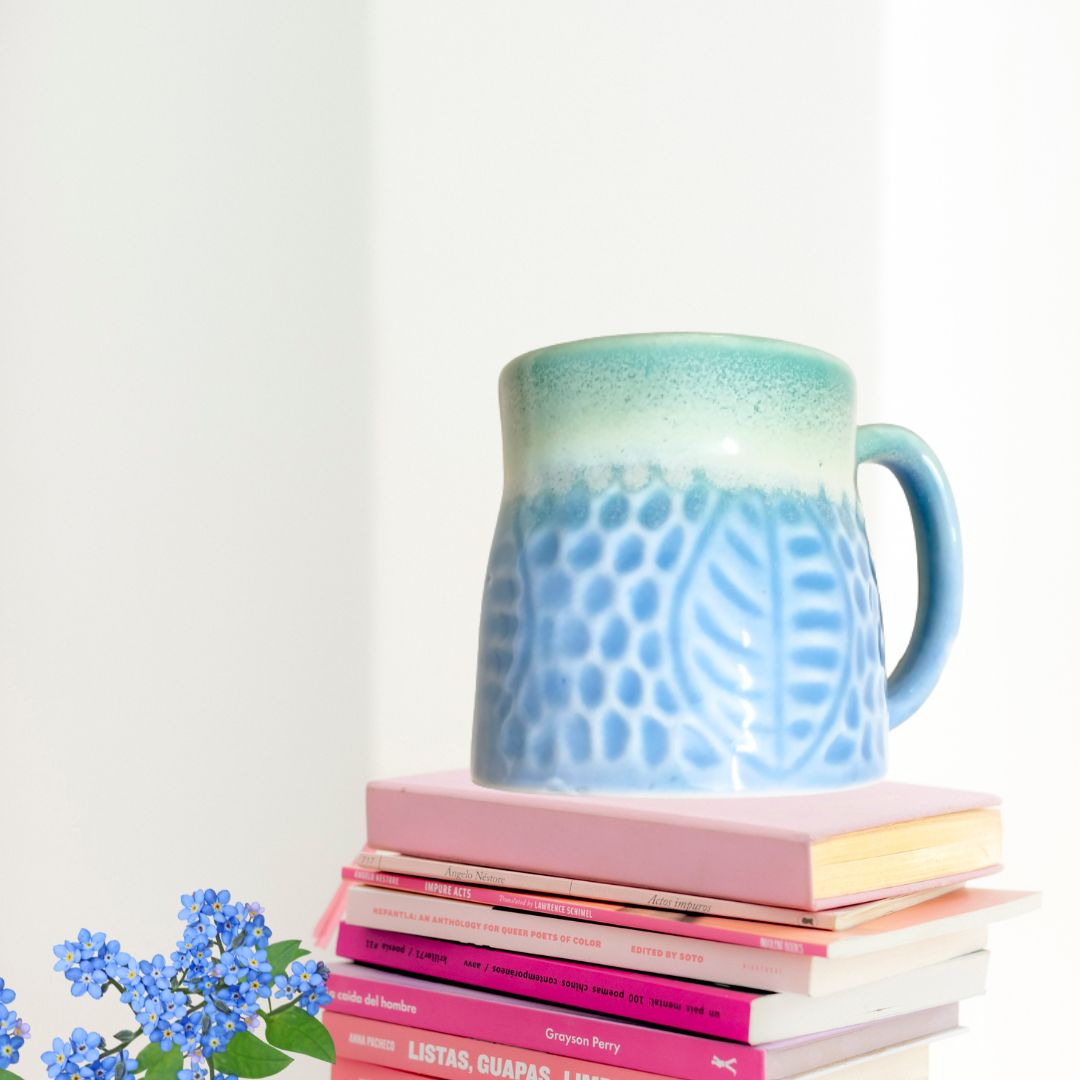 Pastel Blue Leafy Handcrafted Mug (Set of 2)