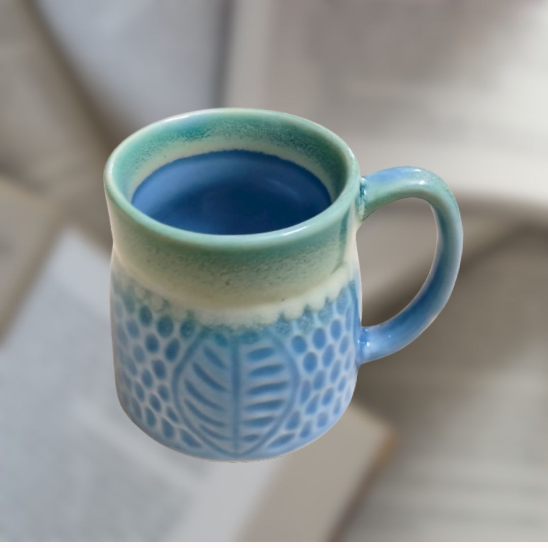 Pastel Blue Leafy Handcrafted Mug (Set of 2)