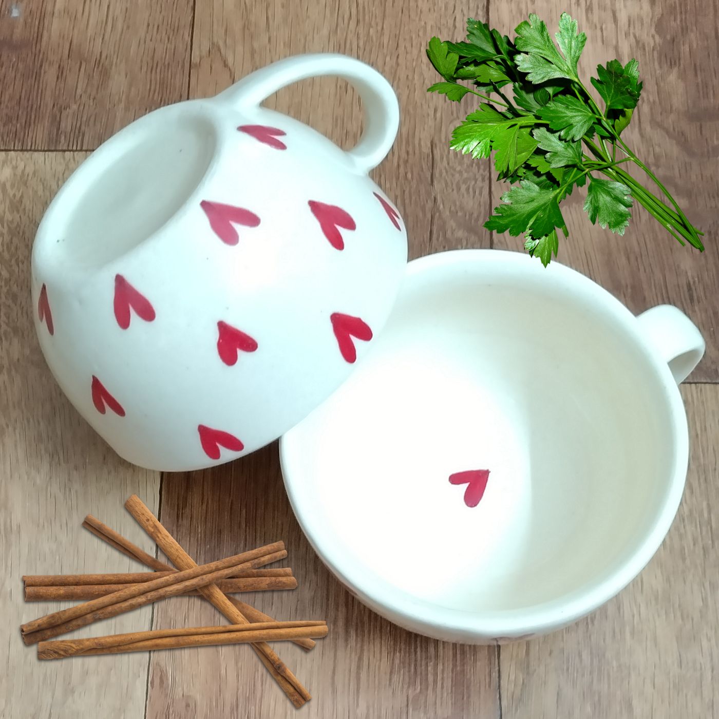 Hand Painted Red Heart Ceramic Soup Bowl Mugs | Set of 2 | 315 ml