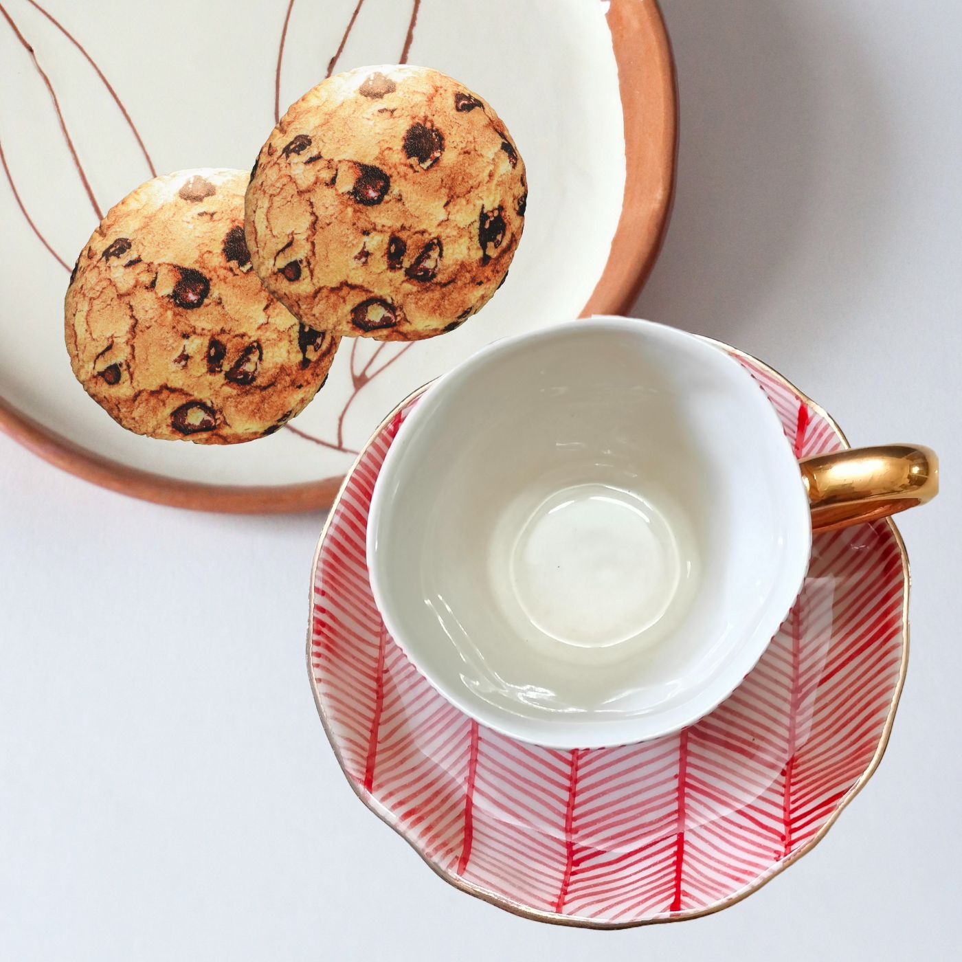 Studio Pottery White & Red Stripe Real Gold Plated Tea Mug & Saucer Set