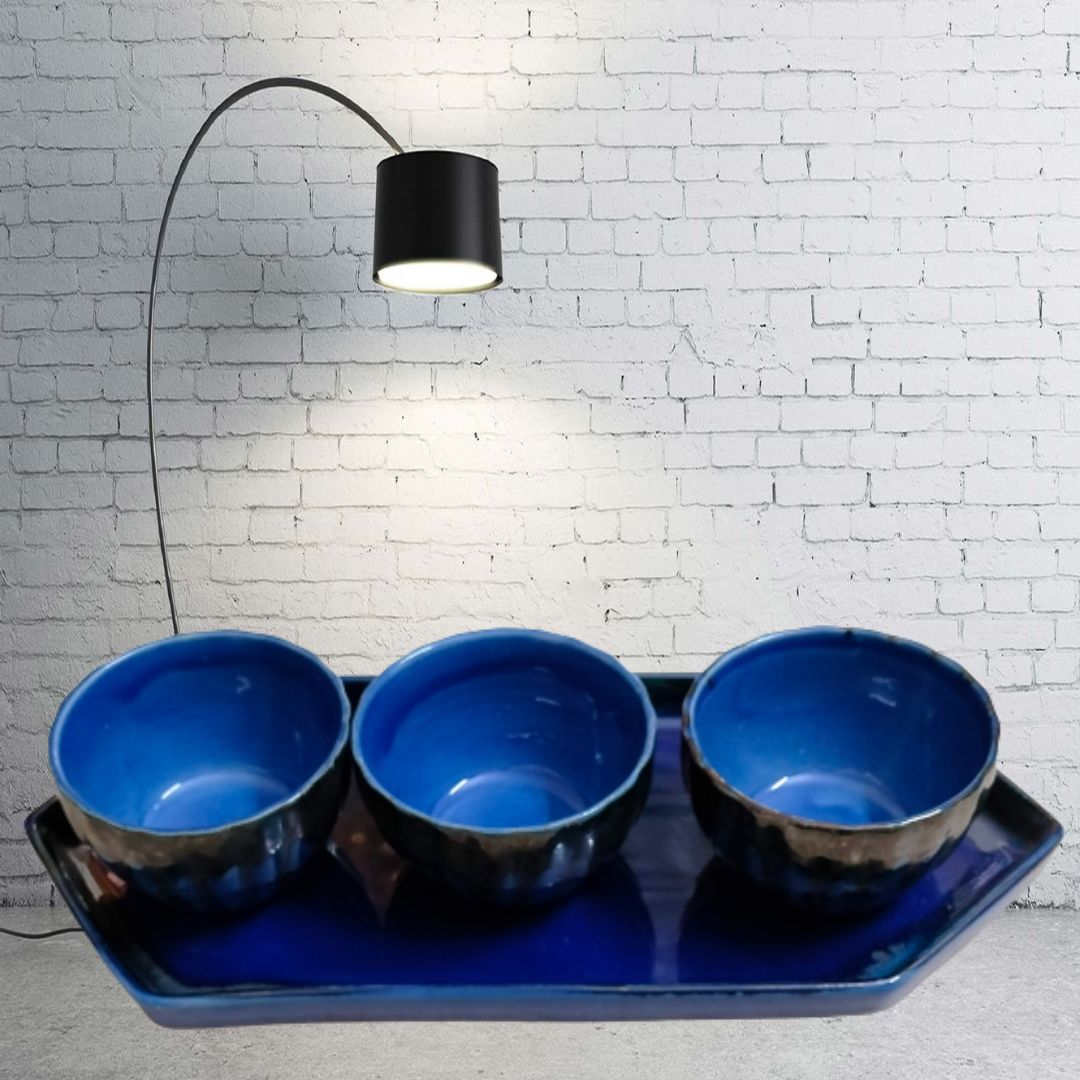 Royal Blue Serveware Set of 3 Ceramic Bowls & 1 Tray