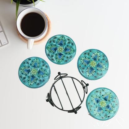 Hand-painted Sea Green Coasters Set of 4 with Wrought Iron Stand