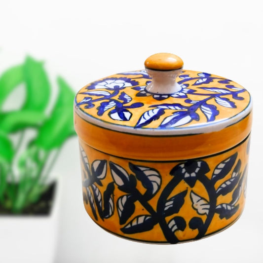 Yellow Hand-Painted Blue & White Floral Des+A89ign Jar | 500 ml