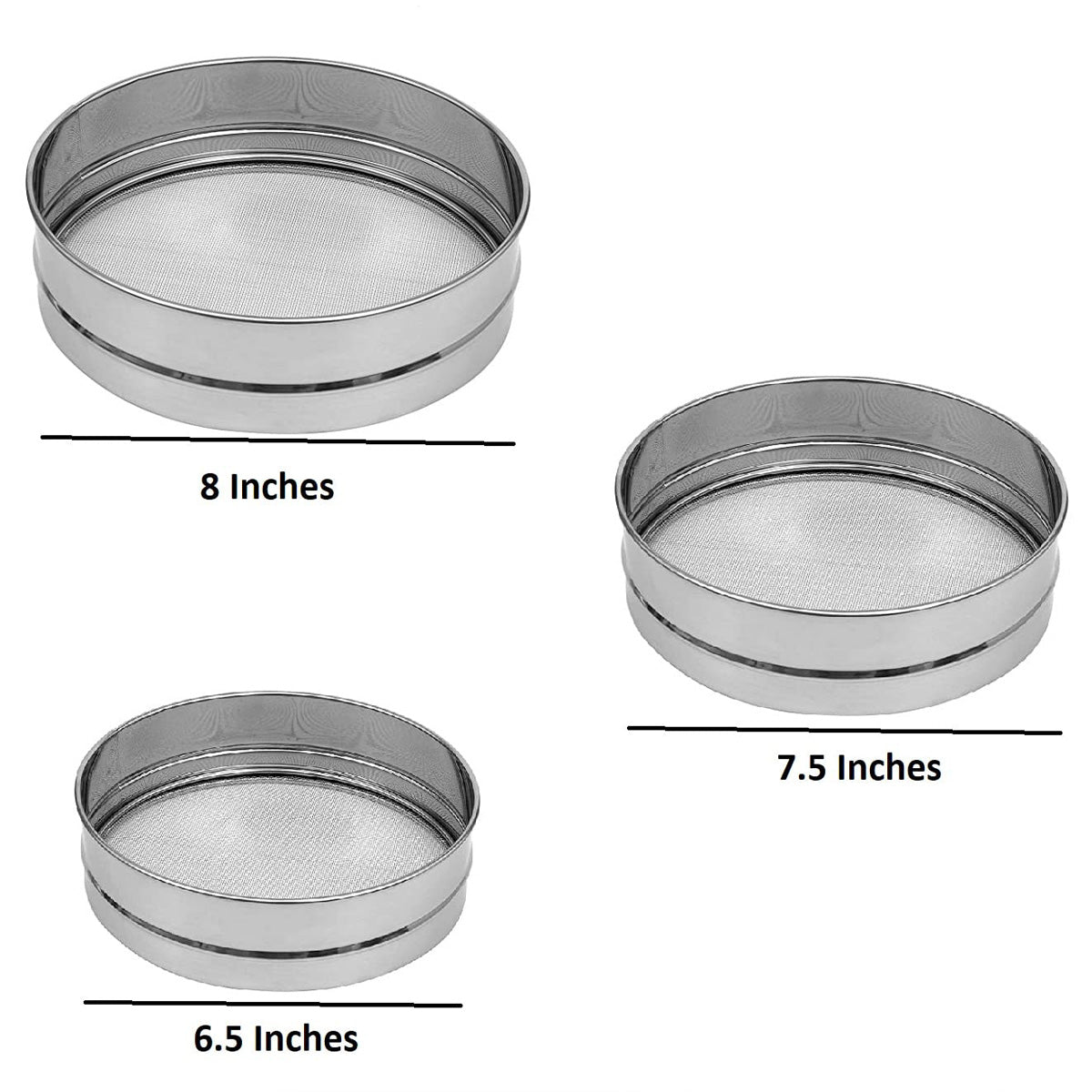 Stainless Steel Atta Sieve, Spices, Food Strainer, Atta Chaffee, Sieve Set of 3 Pieces (Fine Mesh)