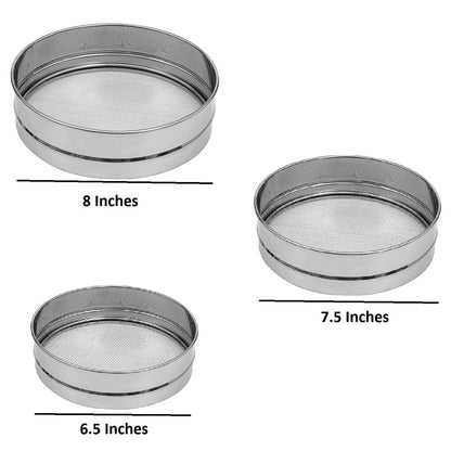 Stainless Steel Atta Sieve, Spices, Food Strainer, Atta Chaffee, Sieve Set of 3 Pieces (Fine Mesh)