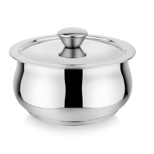 Stainless Steel Serving Pongal Pot Bowl/Handi with Lid | Silver Finish