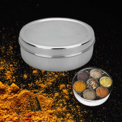 Stainless Steel Round 7 Compartment Spice Container with Spoon