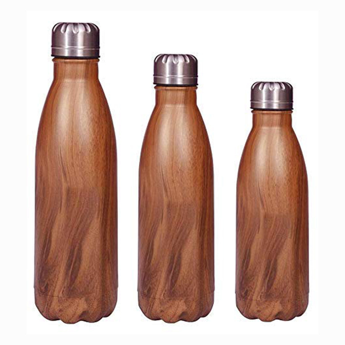 Stainless Steel Wooden Finish Insulated Water Bottle Set of 3 (500, 750, 1000 mL)