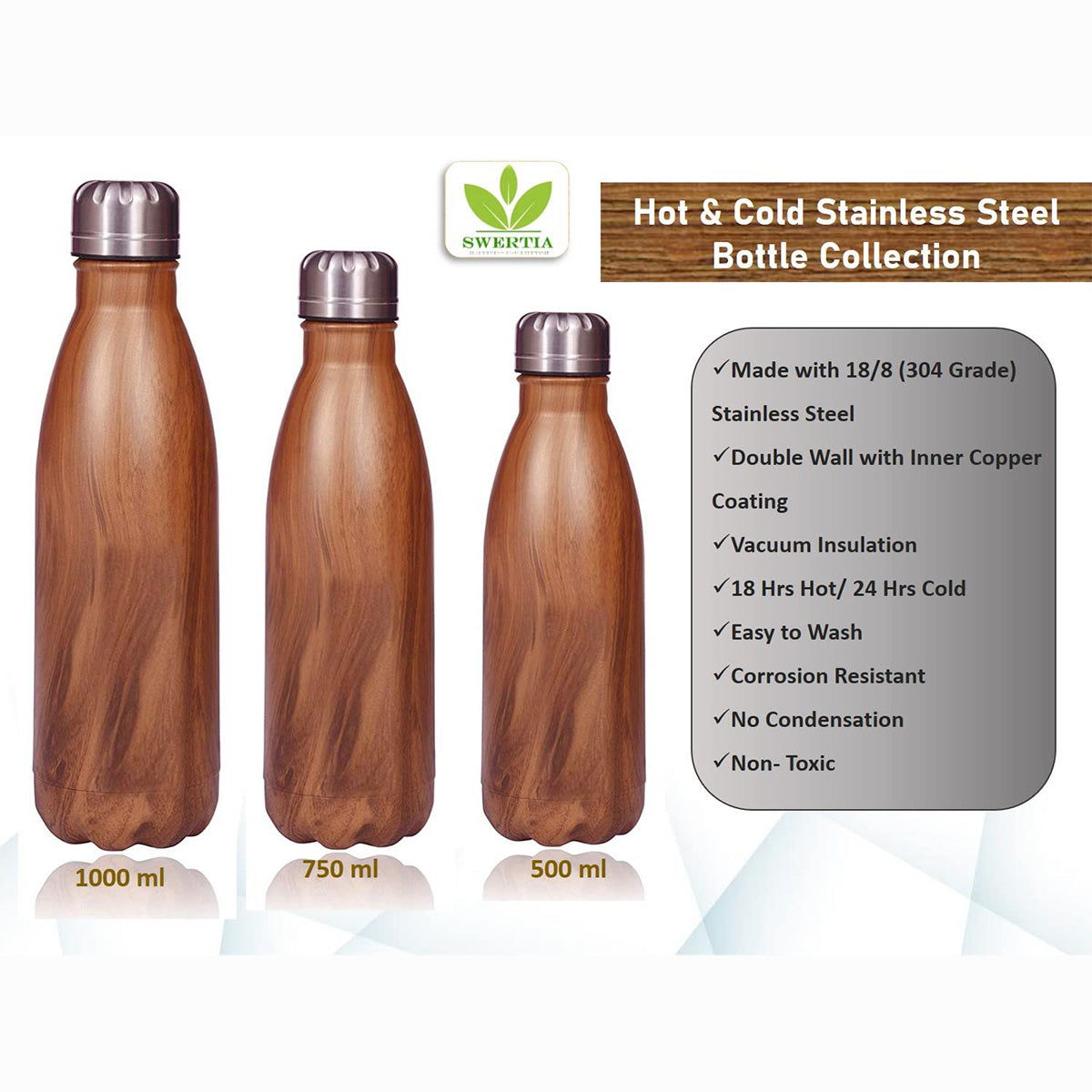 Stainless Steel Wooden Finish Insulated Water Bottle Set of 3 (500, 750, 1000 mL)