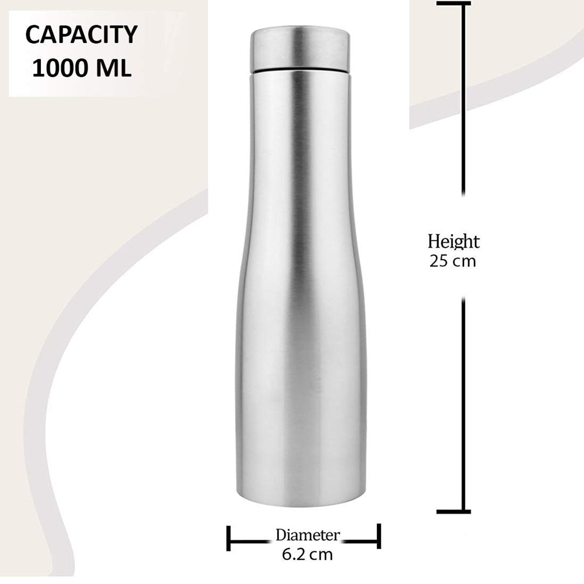 Stainless Steel Silver Water Bottle, 1000 ml, Silver