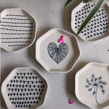 Ceramic Hexagon Shaped Hand-Painted Dessert | Snack Plate | Set of 4