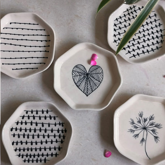 Ceramic Hexagon Shaped Hand-Painted Dessert | Snack Plate | Set of 4