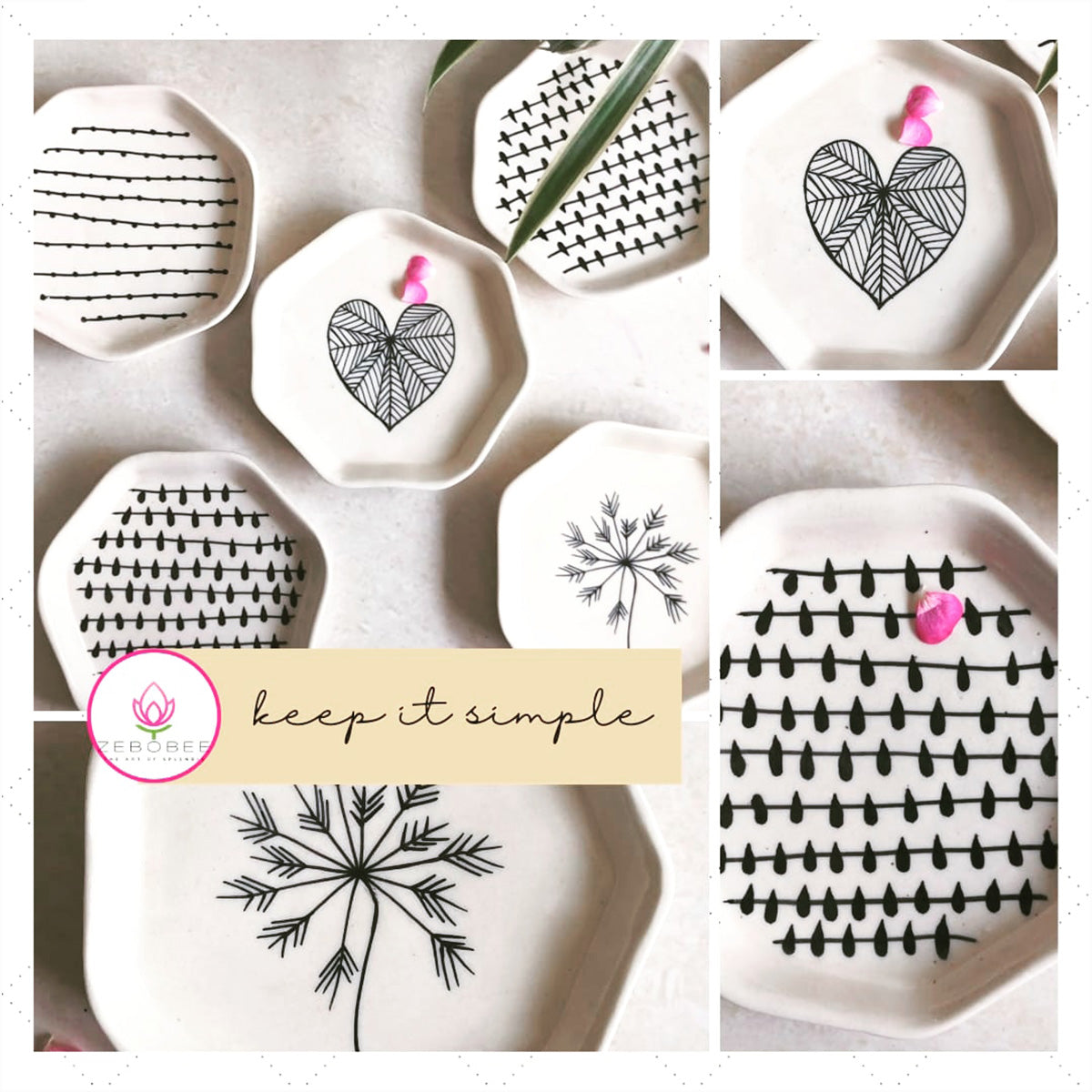 Ceramic Hexagon Shaped Hand-Painted Dessert | Snack Plate | Set of 4