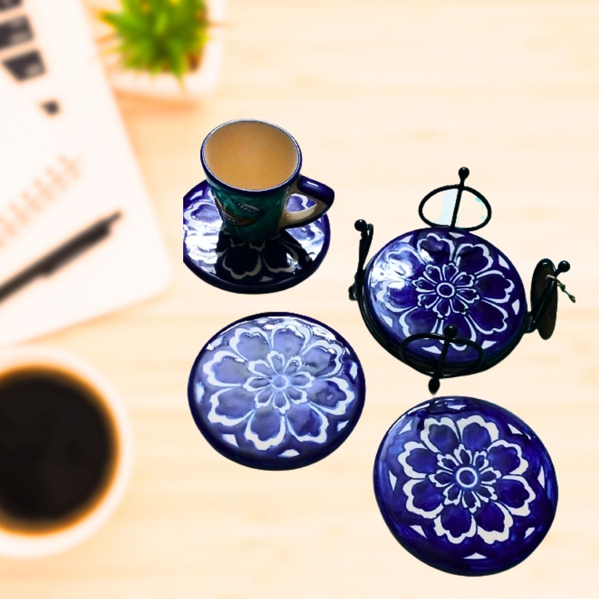 Hand-painted Mughal Blue Coasters Set of 4 with Wrought Iron Stand