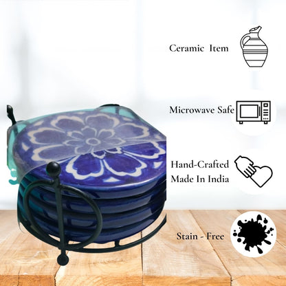 Hand-painted Mughal Blue Coasters Set of 4 with Wrought Iron Stand