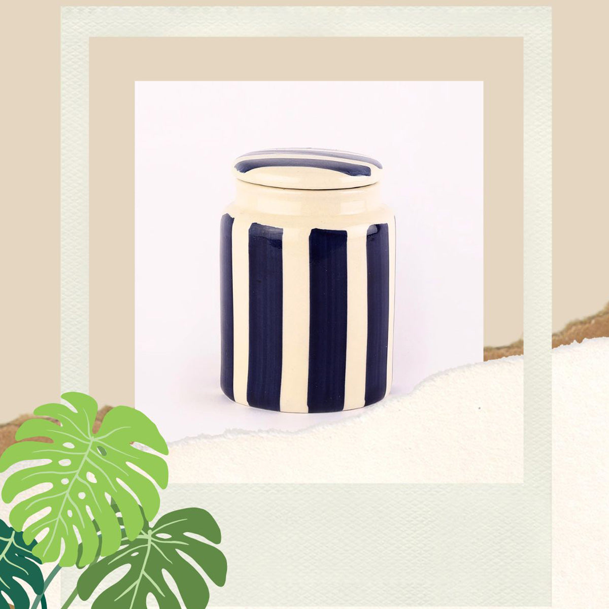 Hand - Painted Ceramic Blue Stripe Container / Jar / Barni 750 ML (White and Blue)