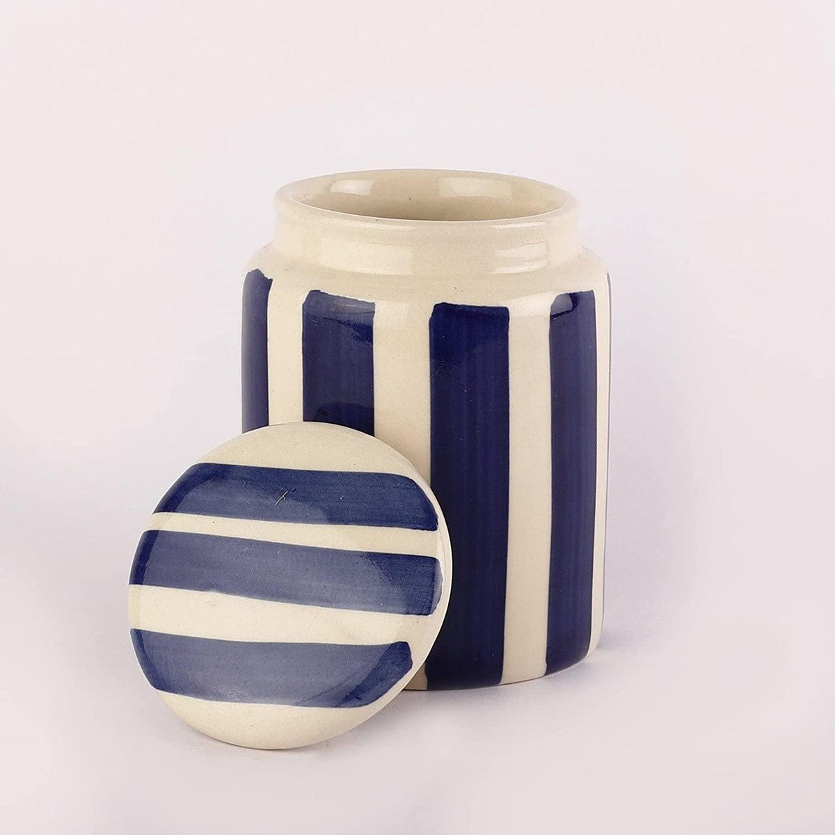 Hand - Painted Ceramic Blue Stripe Container / Jar / Barni 750 ML (White and Blue)