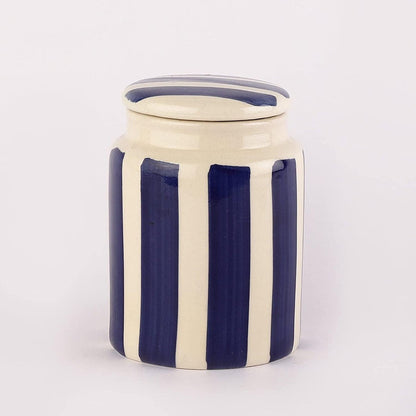 Hand - Painted Ceramic Blue Stripe Container / Jar / Barni 750 ML (White and Blue)