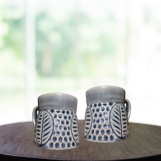 Deep Grey Leafy Handcrafted Mug (Set of 2)