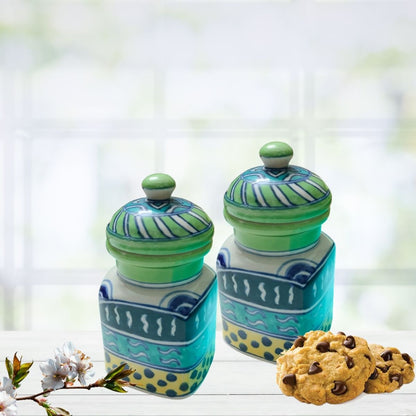 Hand - Painted Ceramic Green Blue Container / Jar / Barni 300 ML (White and Blue)