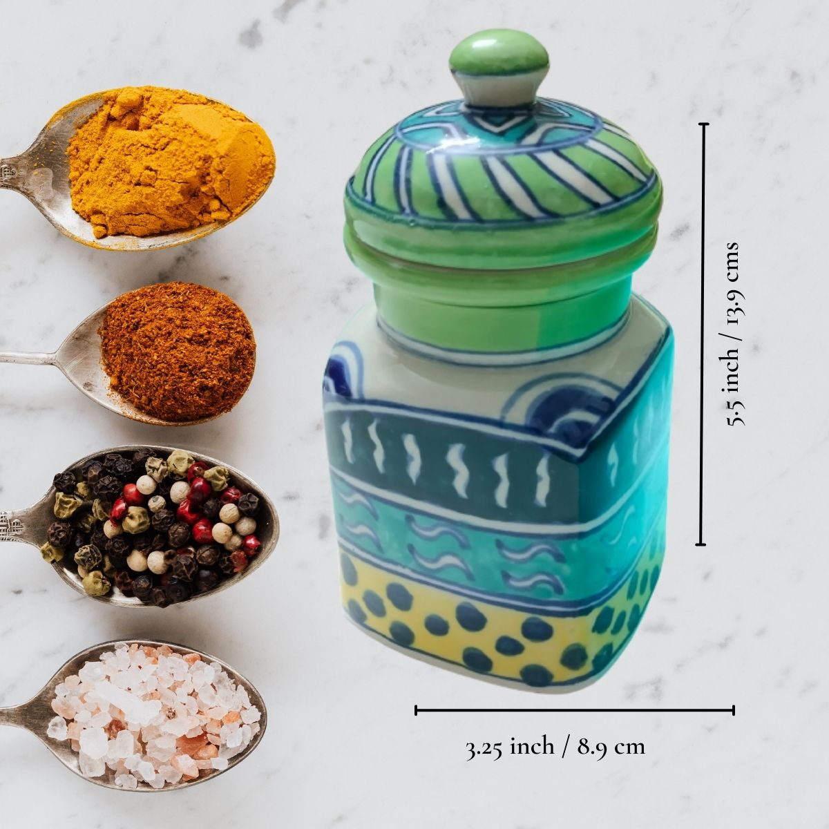 Hand - Painted Ceramic Green Blue Container / Jar / Barni 300 ML (White and Blue)