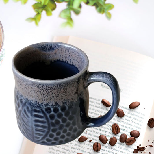 Ink Blue Grey Leafy Handcrafted Mug (Set of 2)