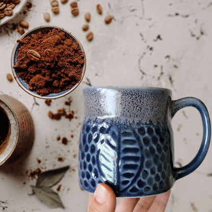 Ink Blue Grey Leafy Handcrafted Mug (Set of 2)