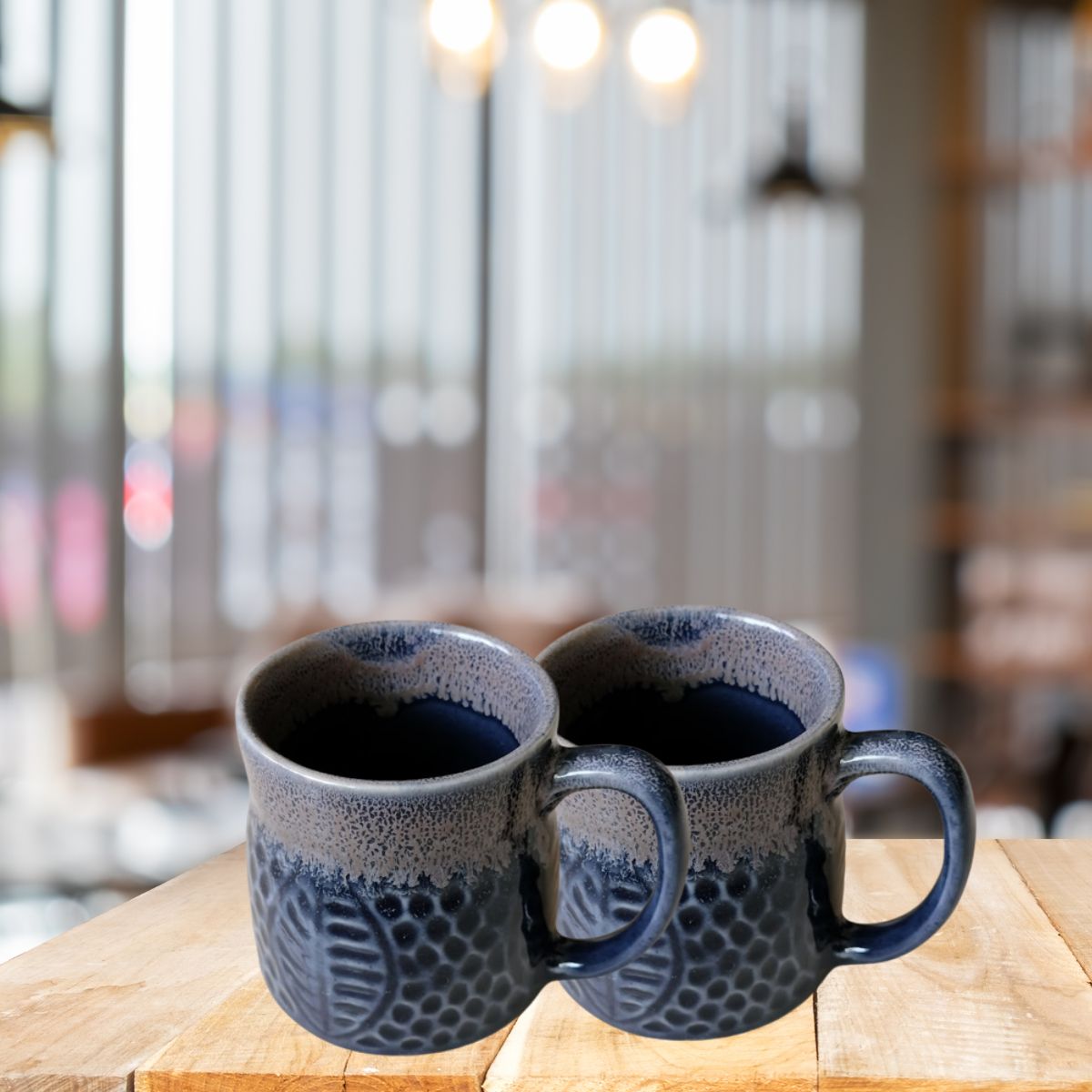 Ink Blue Grey Leafy Handcrafted Mug (Set of 2)