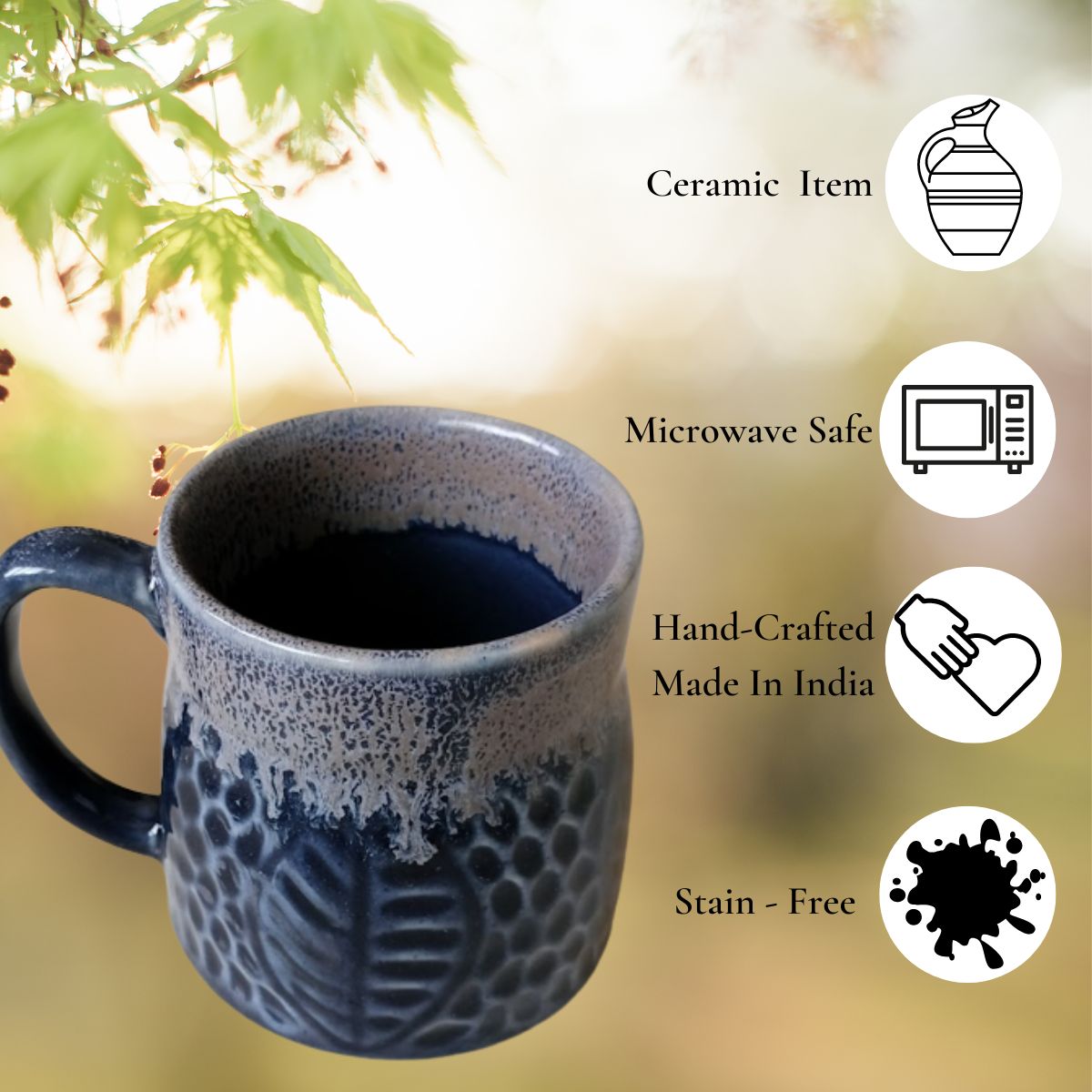 Ink Blue Grey Leafy Handcrafted Mug (Set of 2)