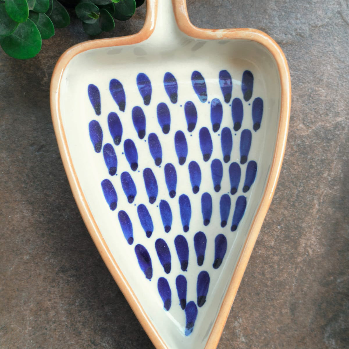 Hand-Painted Ceramic Leaf-Shaped Blue Drops Glossy Serving Platter | Set of 1