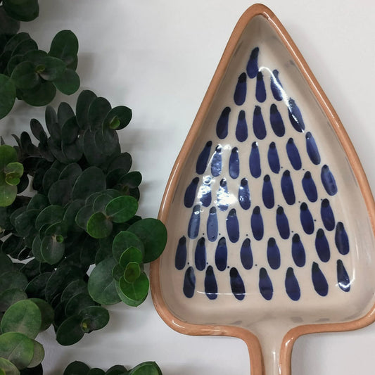 Hand-Painted Ceramic Leaf-Shaped Blue Drops Glossy Serving Platter | Set of 1