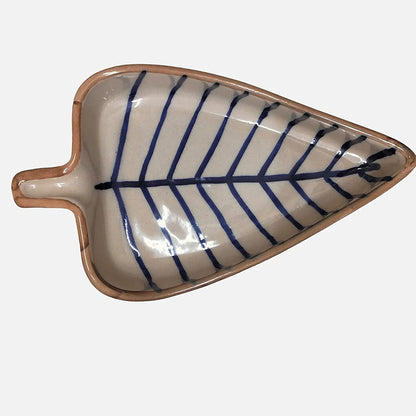 Hand-Painted Ceramic Leaf-Shaped Blue Stripes Glossy Serving Platter | Set of 1