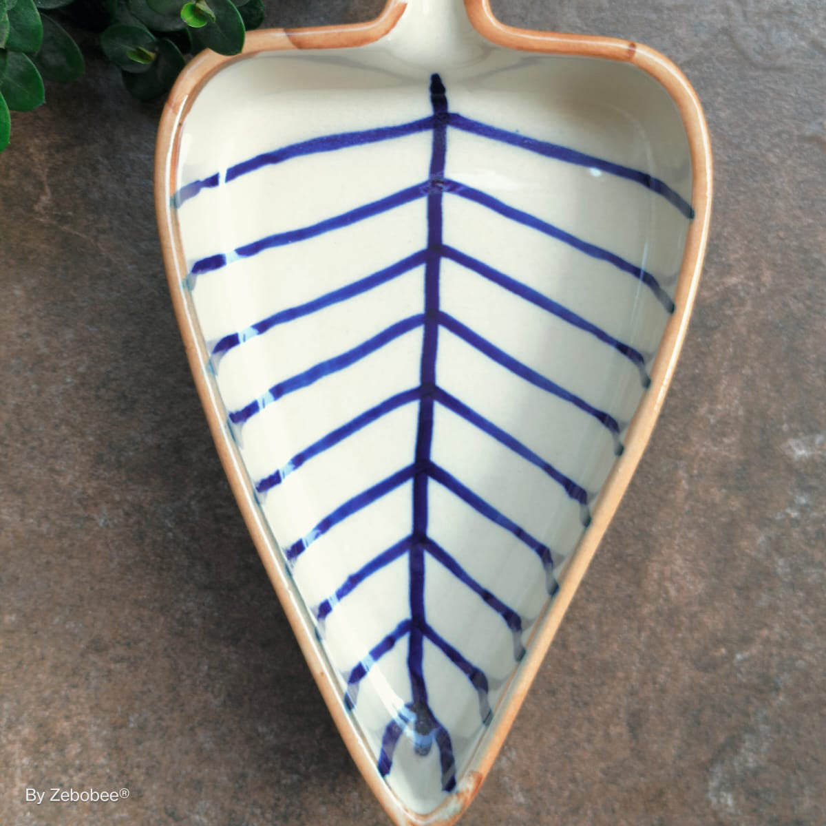 Hand-Painted Ceramic Leaf-Shaped Blue Stripes Glossy Serving Platter | Set of 1