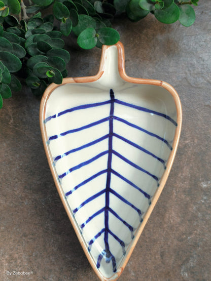 Hand-Painted Ceramic Leaf-Shaped Blue Stripes Glossy Serving Platter | Set of 1