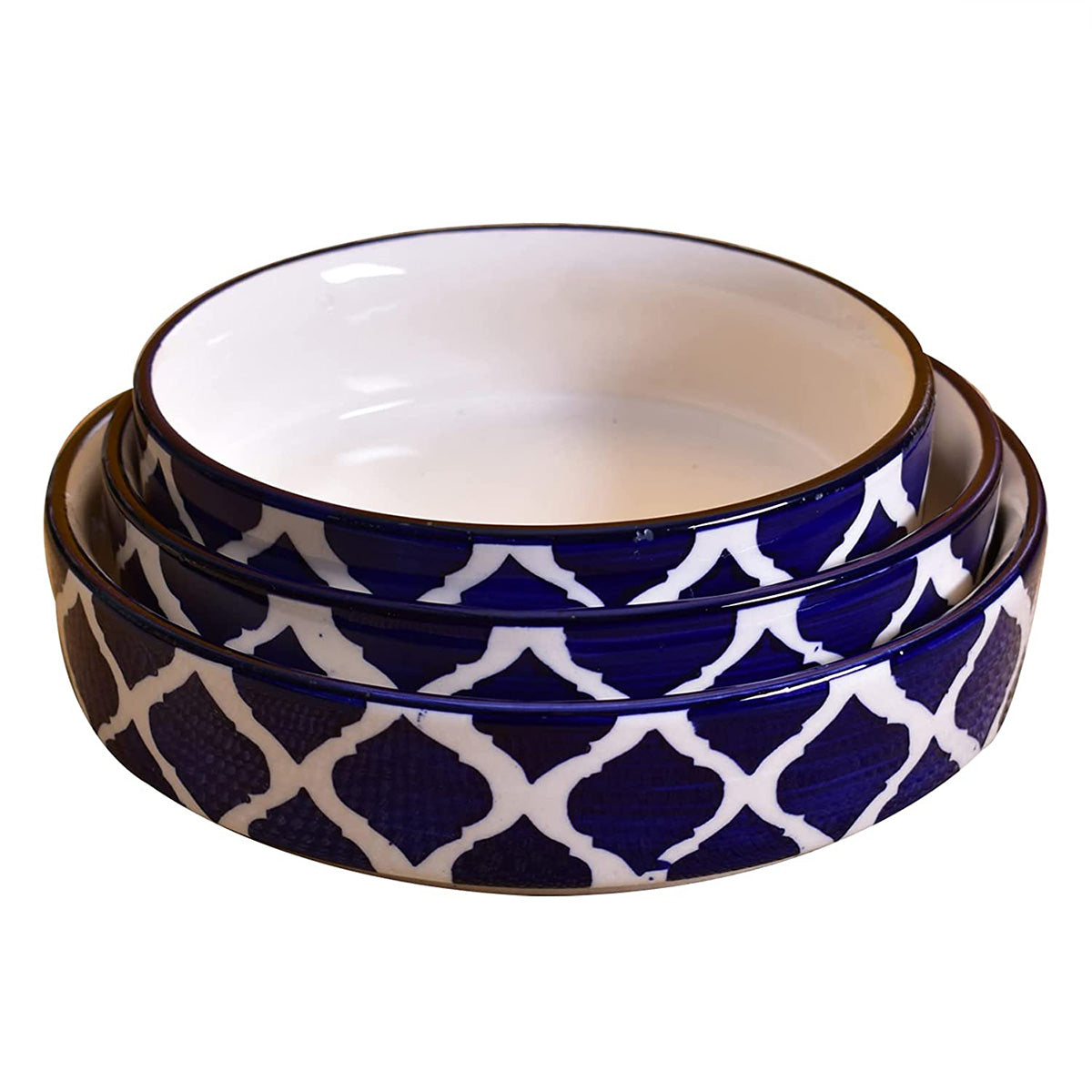 Hand Painted Ceramic Salad / Serving Bowl Set of 3 Flat Bowls 7.5| 6.5| 5.5 inch | White & Blue