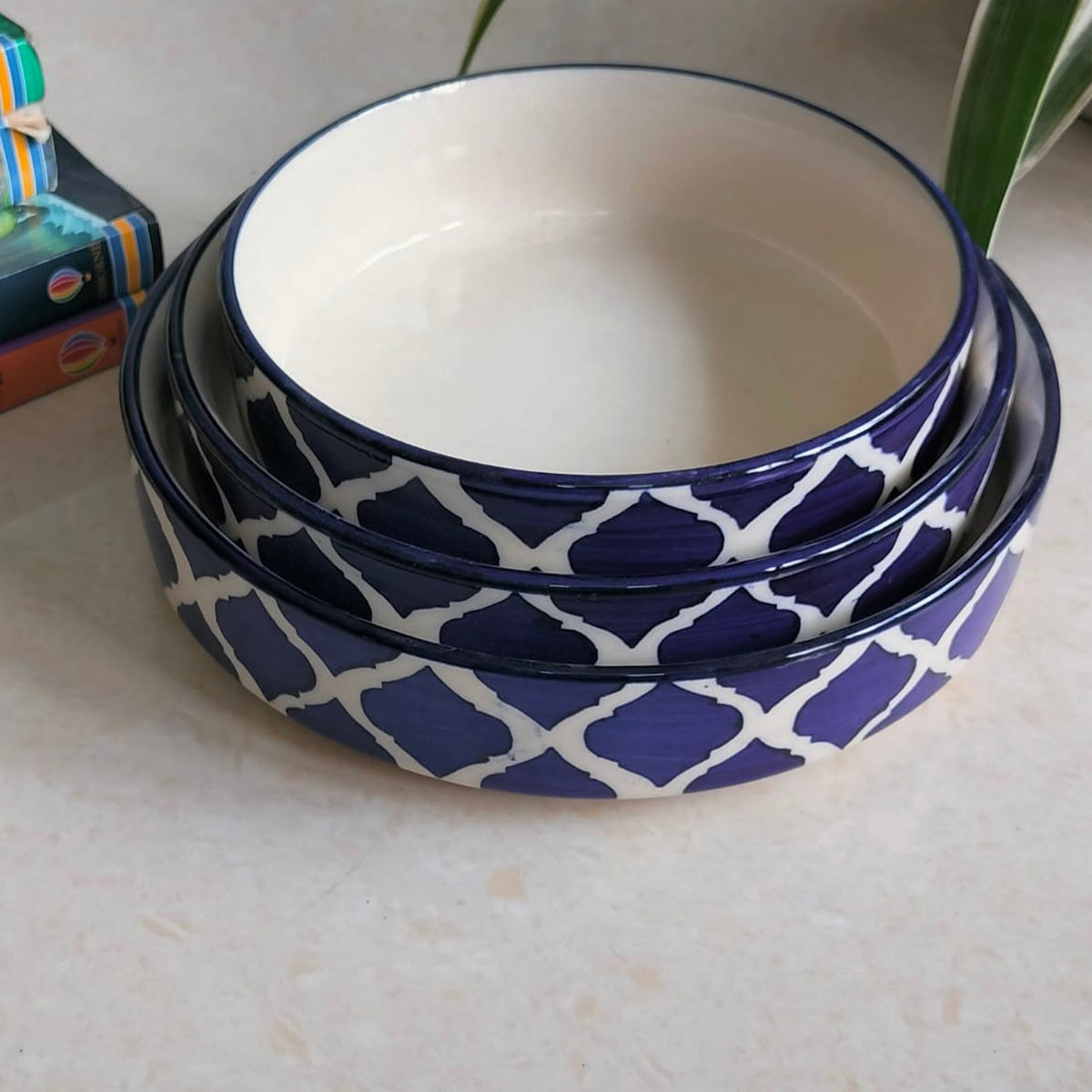 Hand Painted Ceramic Salad / Serving Bowl Set of 3 Flat Bowls 7.5| 6.5| 5.5 inch | White & Blue