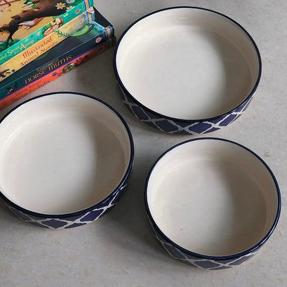 Hand Painted Ceramic Salad / Serving Bowl Set of 3 Flat Bowls 7.5| 6.5| 5.5 inch | White & Blue