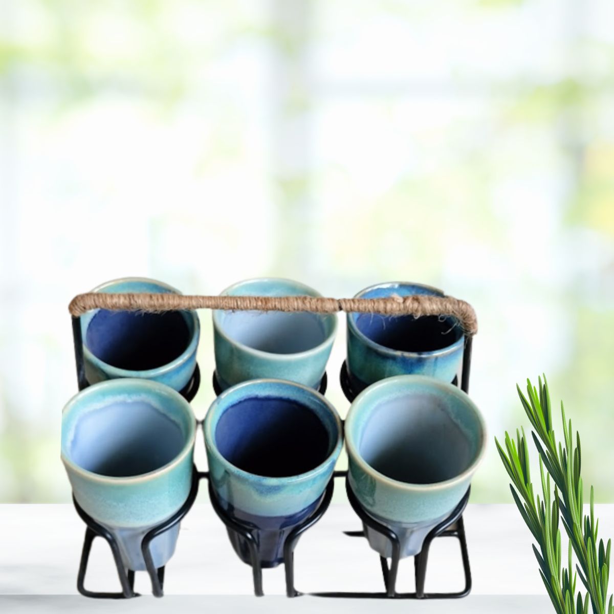 Shades of Blue Stoneware Tea Glasses Set of 6 with Iron Holder |100 ML each