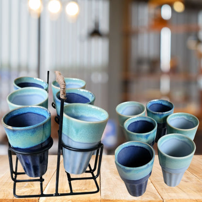 Shades of Blue Stoneware Tea Glasses Set of 6 with Iron Holder |100 ML each