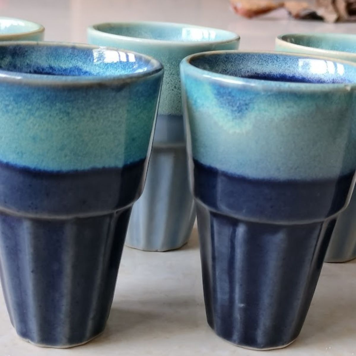 Shades of Blue Stoneware Tea Glasses Set of 6 with Iron Holder |100 ML each