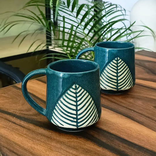 Ceramic Teal Blue Leafy Handcrafted Coffee / Tea Mug (Teal Pack of 2)