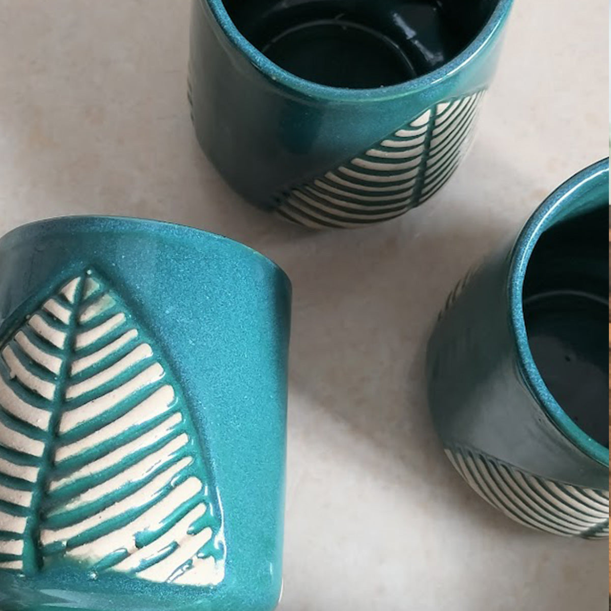 Ceramic Teal Blue Leafy Handcrafted Coffee / Tea Mug (Teal Pack of 2)